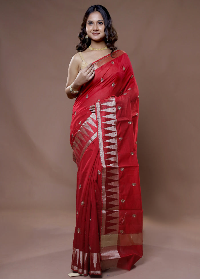 Red Cotton Saree With Blouse Piece - Indian Silk House Agencies