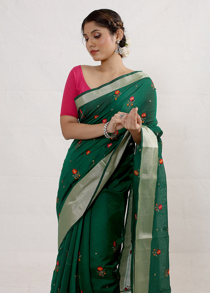 Green Cotton Saree With Blouse Piece - Indian Silk House Agencies