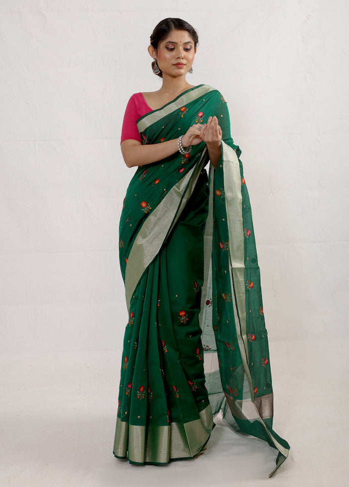 Green Cotton Saree With Blouse Piece - Indian Silk House Agencies