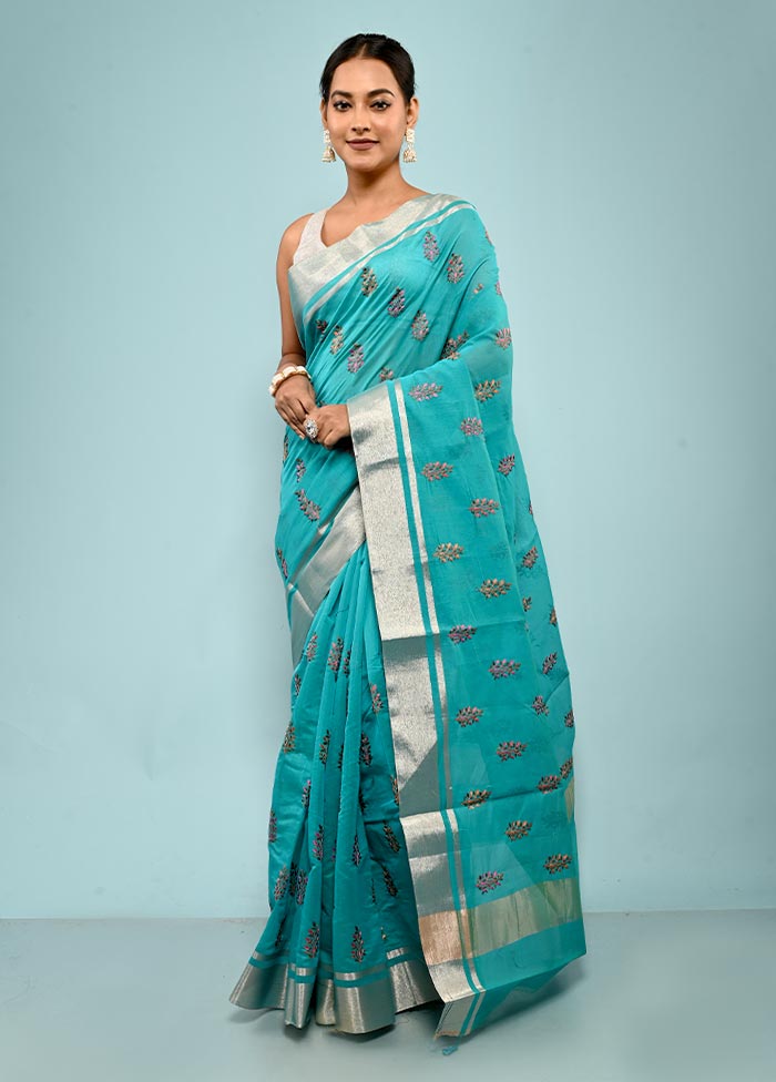 Blue Cotton Saree With Blouse Piece - Indian Silk House Agencies