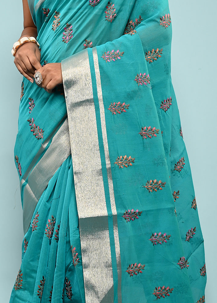 Blue Cotton Saree With Blouse Piece - Indian Silk House Agencies