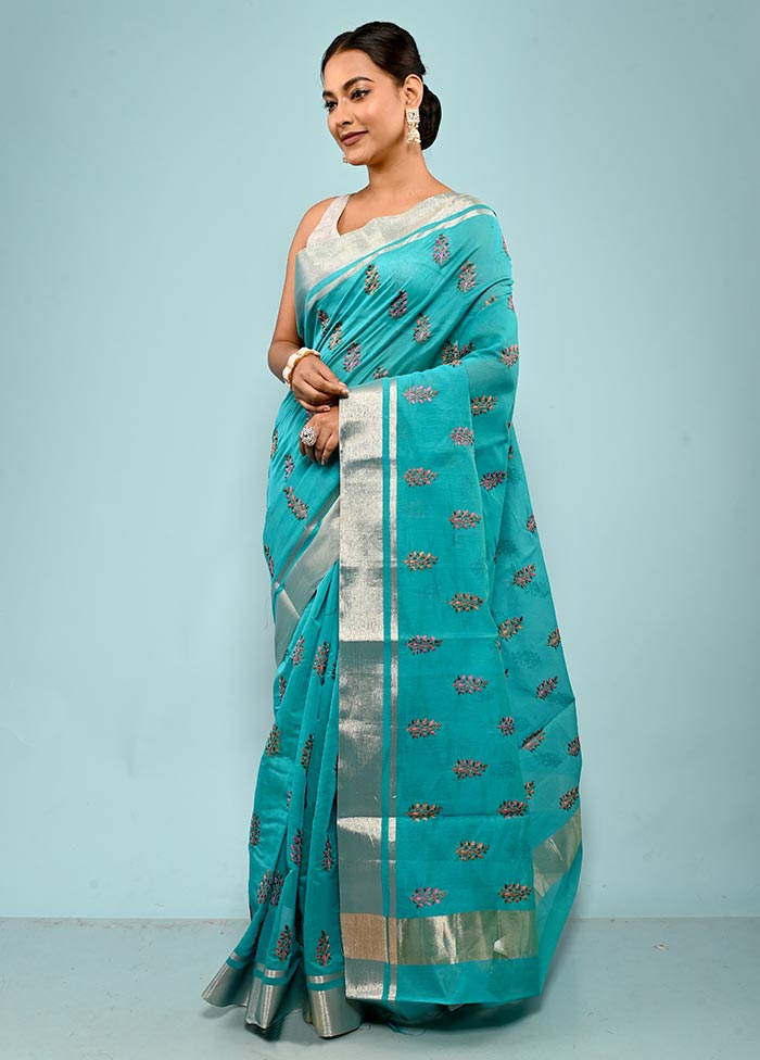 Blue Cotton Saree With Blouse Piece - Indian Silk House Agencies