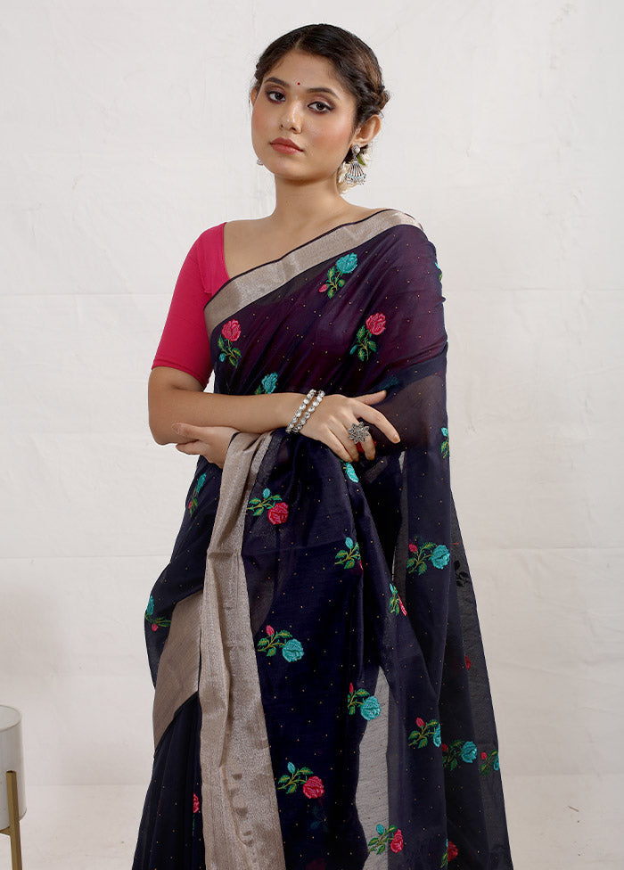 Black Cotton Saree With Blouse Piece - Indian Silk House Agencies