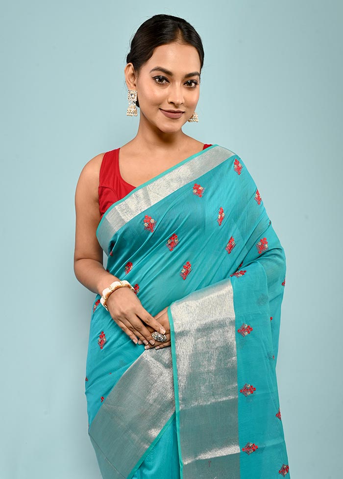 Blue Cotton Saree With Blouse Piece - Indian Silk House Agencies