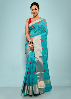 Blue Cotton Saree With Blouse Piece - Indian Silk House Agencies