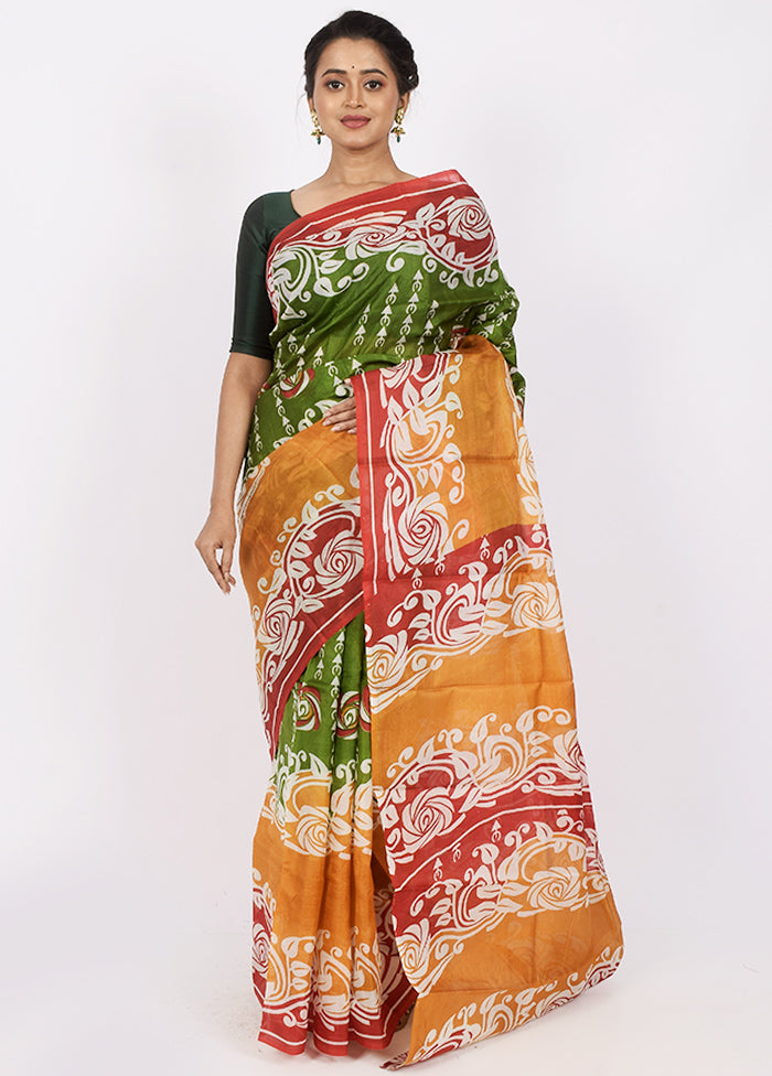 Green Pure Printed Silk Saree Without Blouse Piece - Indian Silk House Agencies