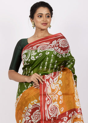 Green Pure Printed Silk Saree Without Blouse Piece - Indian Silk House Agencies