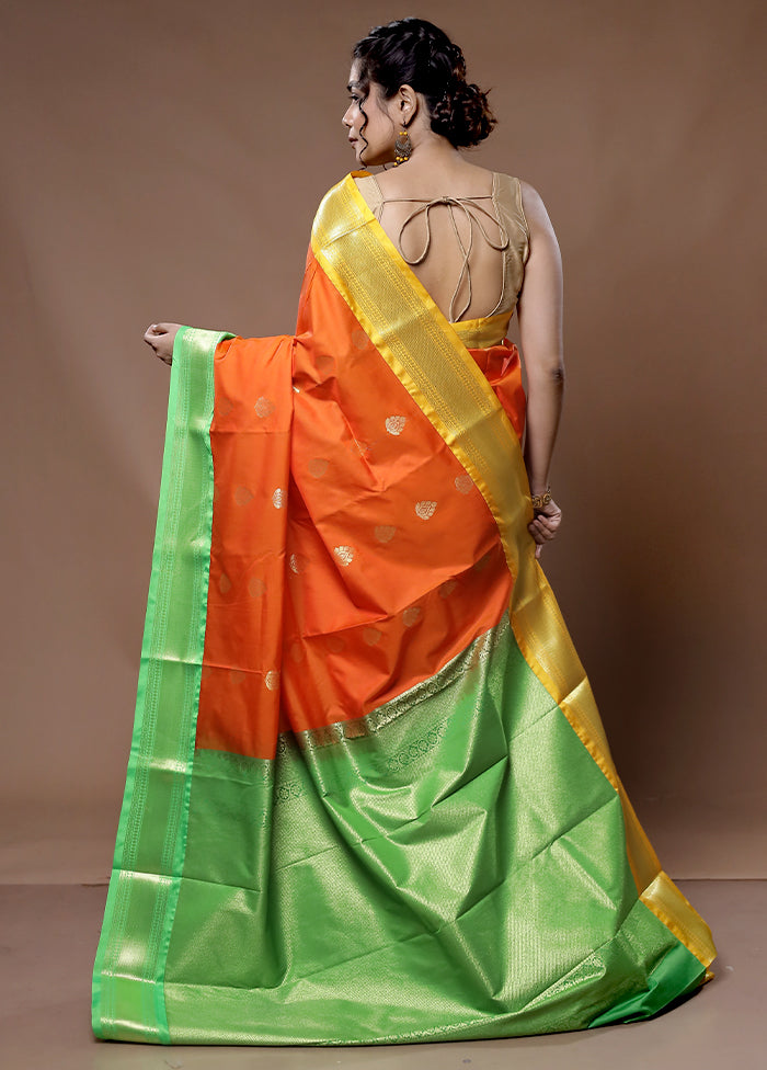 Orange Kanjivaram Silk Saree With Blouse Piece - Indian Silk House Agencies