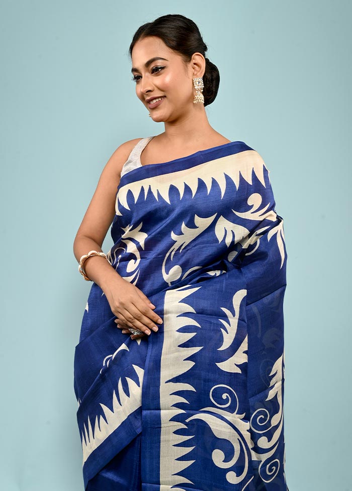 Blue Printed Pure Silk Saree With Blouse Piece - Indian Silk House Agencies