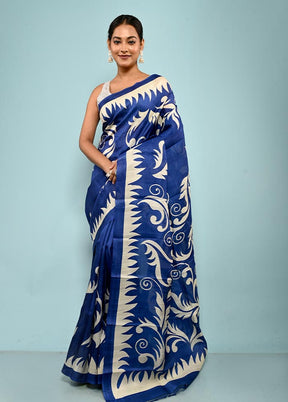 Blue Printed Pure Silk Saree With Blouse Piece - Indian Silk House Agencies