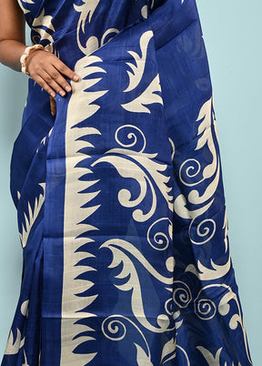 Blue Printed Pure Silk Saree With Blouse Piece - Indian Silk House Agencies