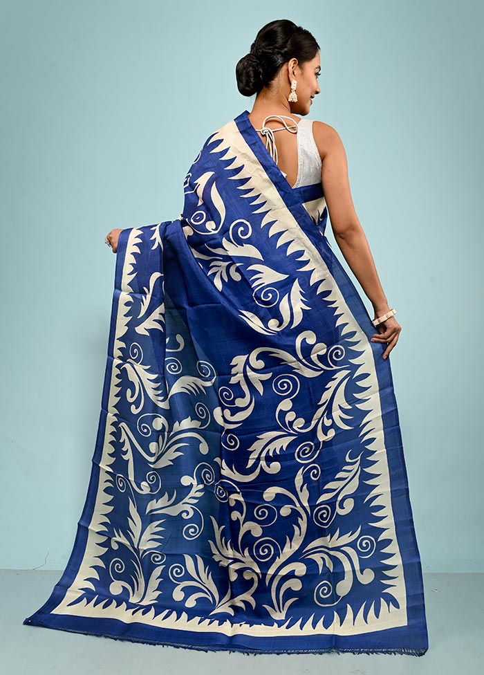 Blue Printed Pure Silk Saree With Blouse Piece - Indian Silk House Agencies