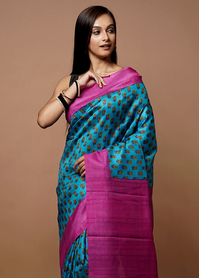 Blue Printed Silk Saree Without Blouse Piece