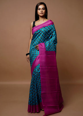 Blue Printed Pure Silk Saree Without Blouse Piece