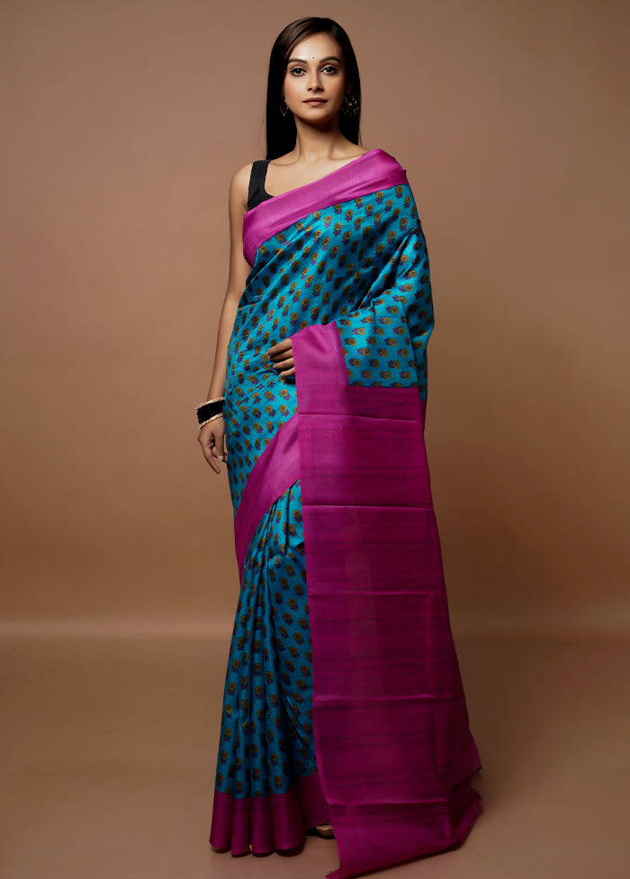 Blue Printed Pure Silk Saree Without Blouse Piece