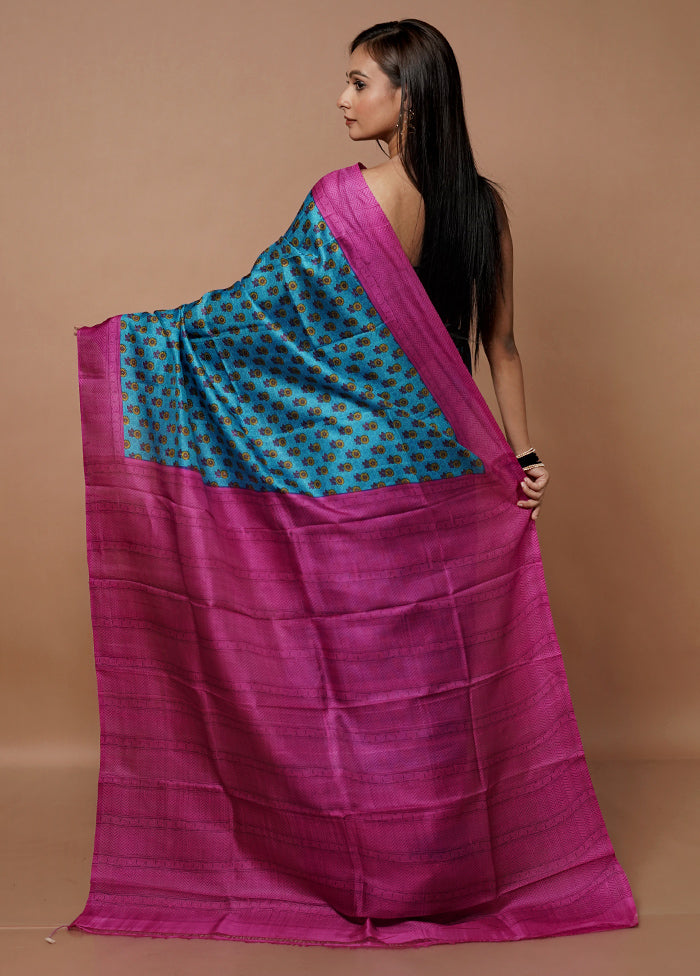 Blue Printed Pure Silk Saree Without Blouse Piece