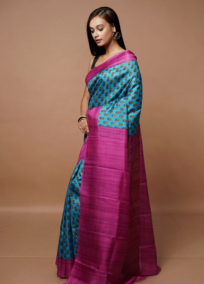 Blue Printed Pure Silk Saree Without Blouse Piece