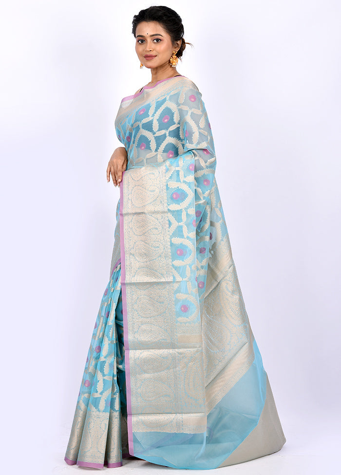 Blue Kora Silk Saree With Blouse Piece - Indian Silk House Agencies