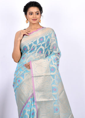 Blue Kora Silk Saree With Blouse Piece