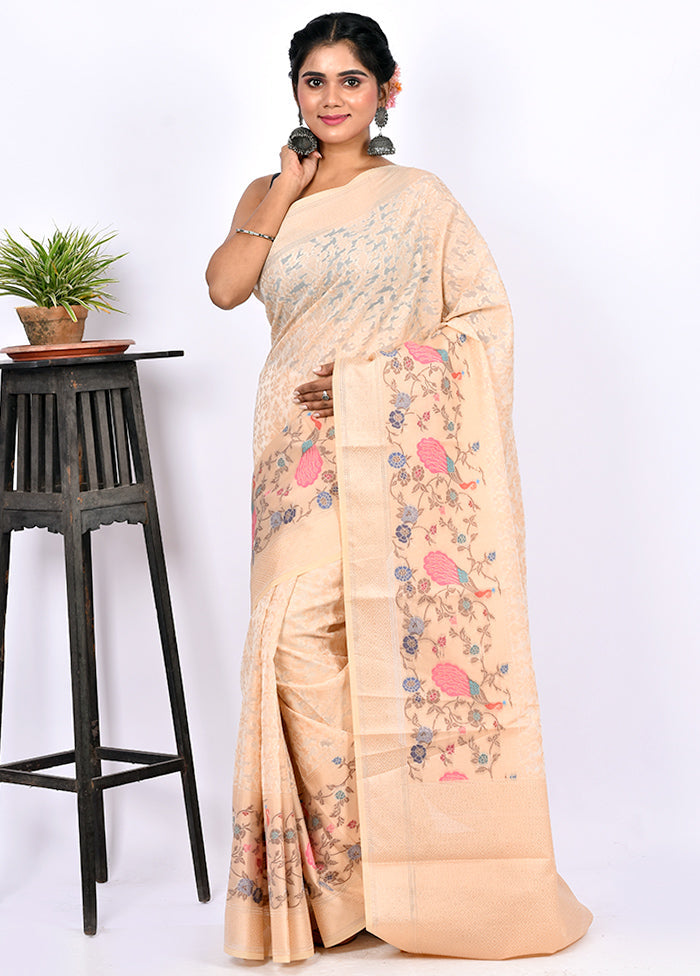 Cream Kora Silk Saree Without Blouse Piece - Indian Silk House Agencies