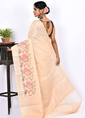 Cream Kora Silk Saree Without Blouse Piece - Indian Silk House Agencies