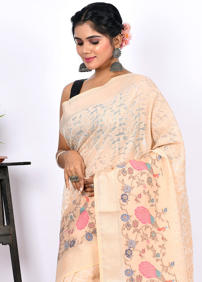 Cream Kora Silk Saree Without Blouse Piece - Indian Silk House Agencies