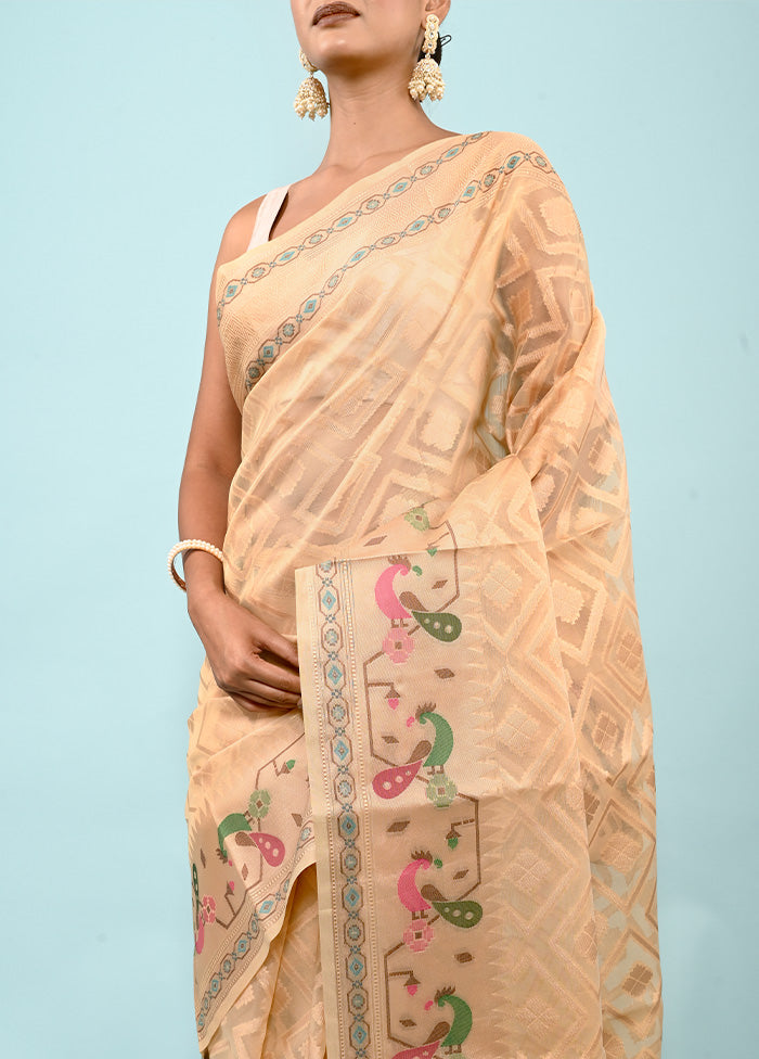 Cream Kora Silk Saree Without Blouse Piece - Indian Silk House Agencies