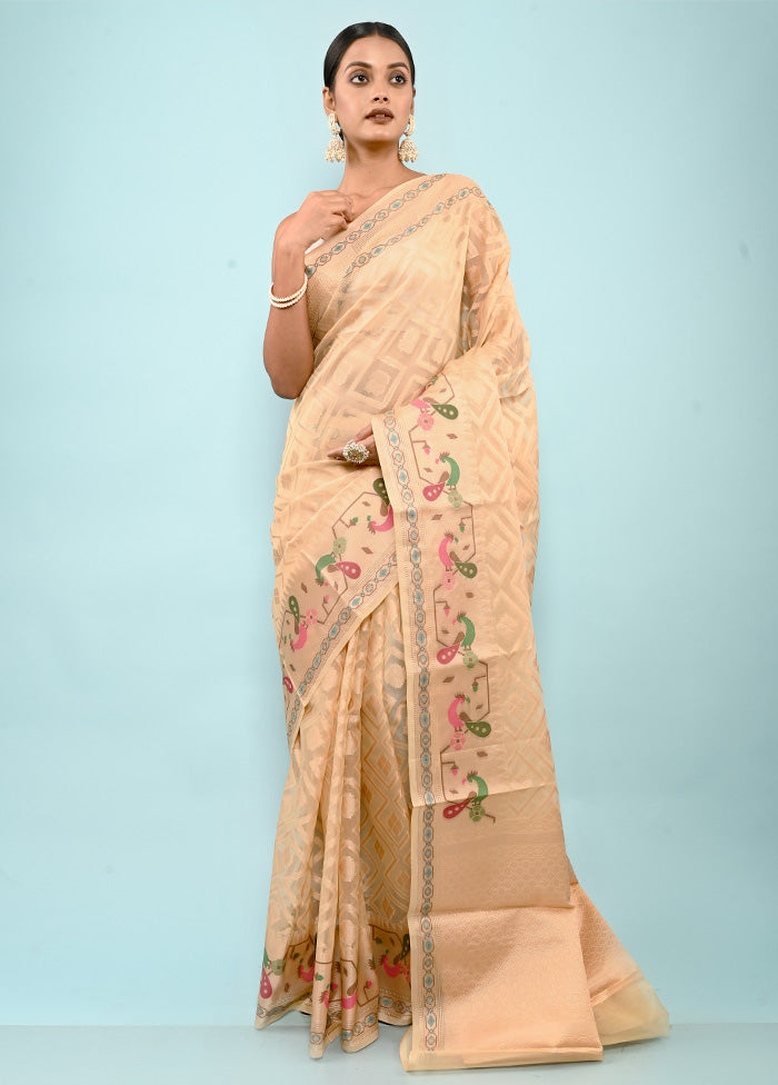 Cream Kora Silk Saree Without Blouse Piece - Indian Silk House Agencies