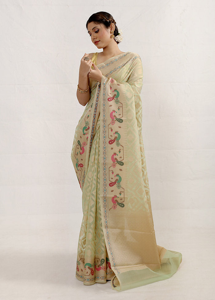 Cream Kora Silk Saree Without Blouse Piece - Indian Silk House Agencies