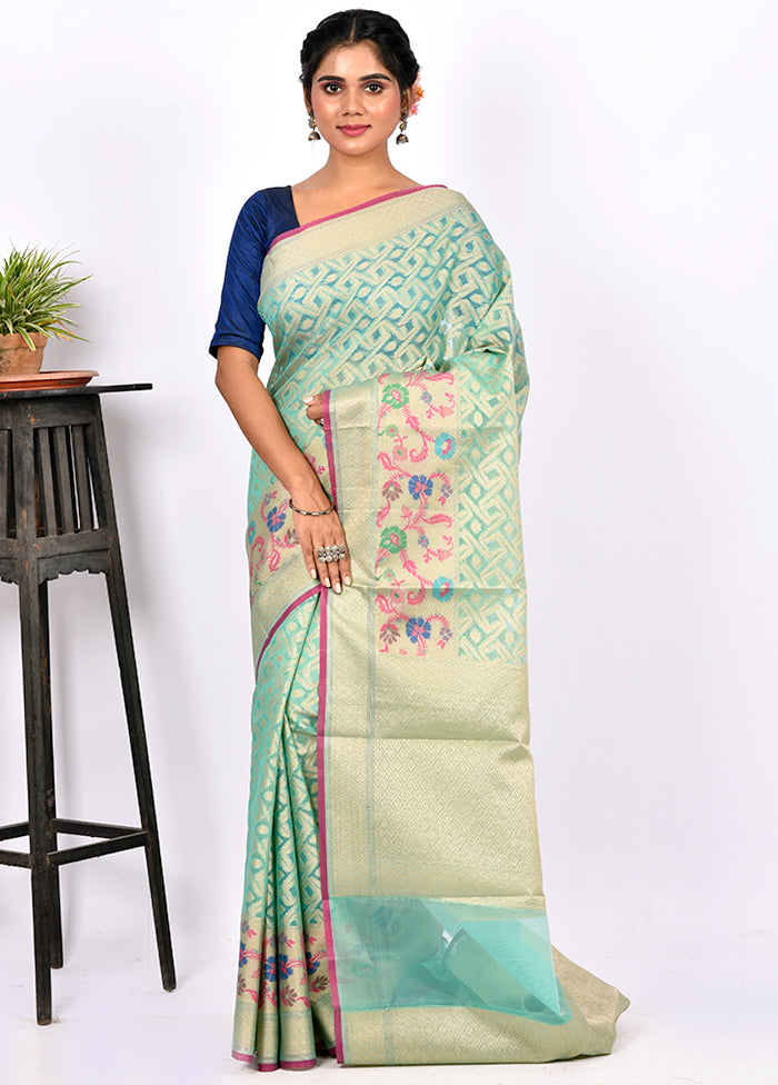 Aqua Green Kora Silk Saree With Blouse Piece