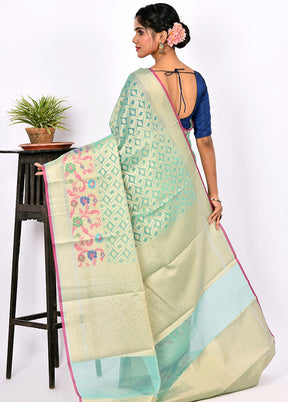 Aqua Green Kora Silk Saree With Blouse Piece
