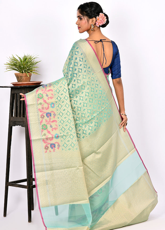 Aqua Green Kora Silk Saree With Blouse Piece