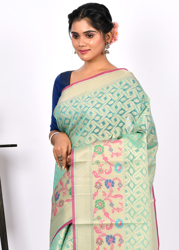 Aqua Green Kora Silk Saree With Blouse Piece