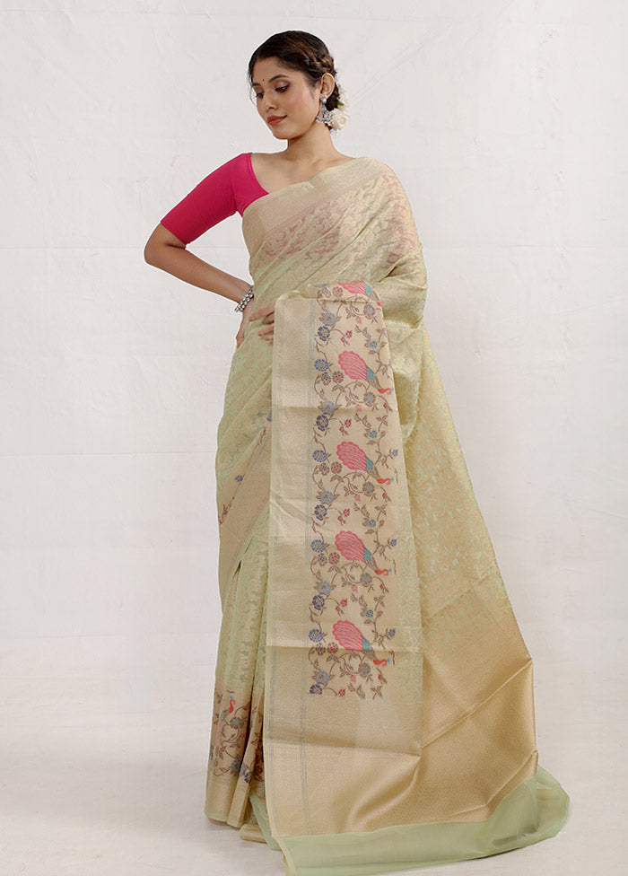 Cream Kora Silk Saree Without Blouse Piece - Indian Silk House Agencies