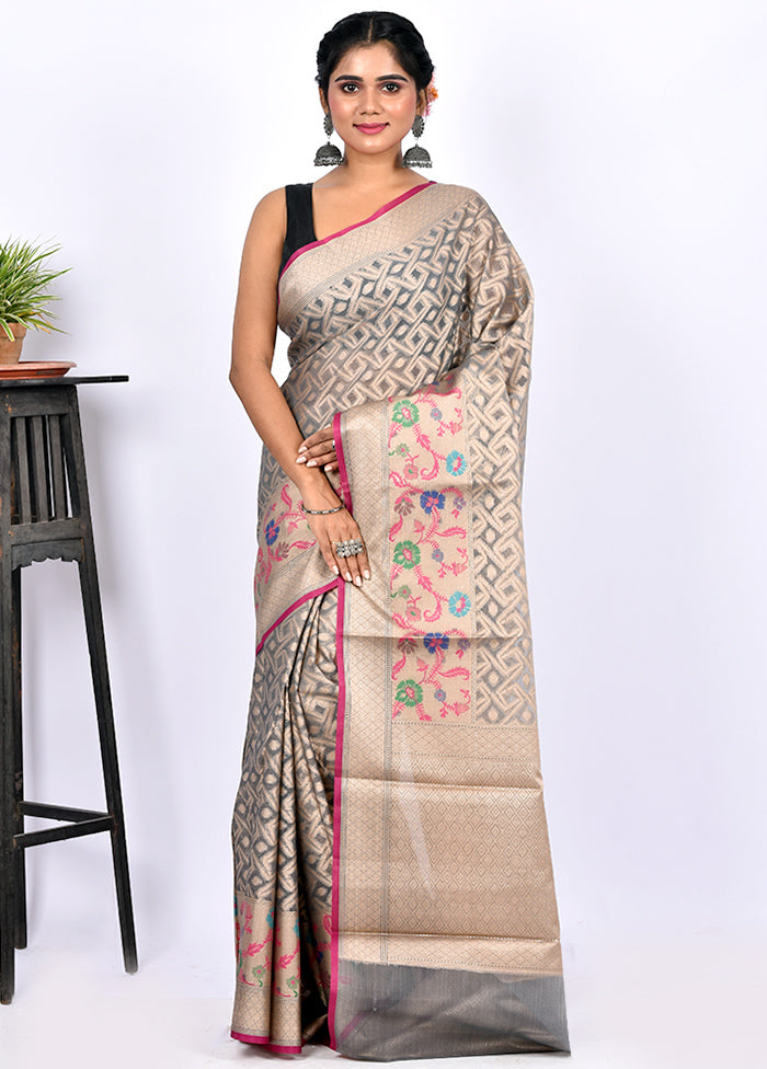 Grey Kora Silk Saree Without Blouse Piece - Indian Silk House Agencies