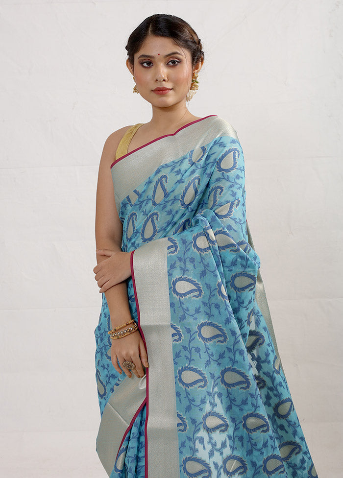 Blue Kora Silk Saree With Blouse Piece - Indian Silk House Agencies