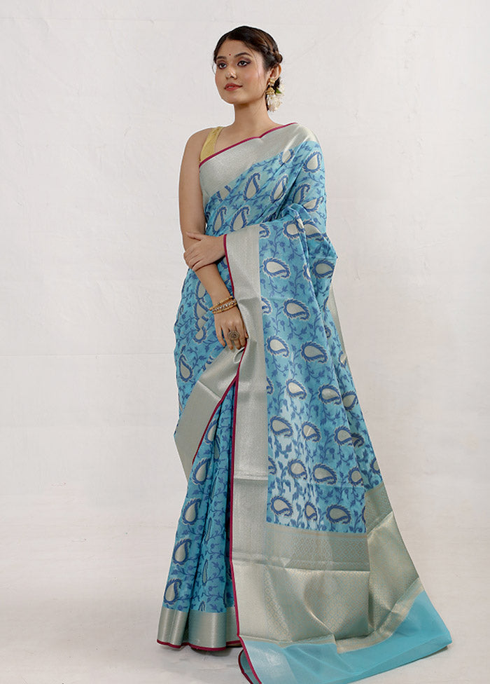 Blue Kora Silk Saree With Blouse Piece - Indian Silk House Agencies