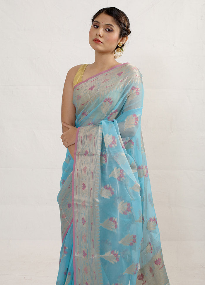 Blue Kora Silk Saree With Blouse Piece - Indian Silk House Agencies