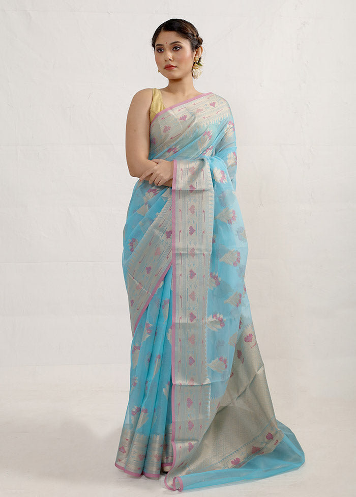 Blue Kora Silk Saree With Blouse Piece - Indian Silk House Agencies