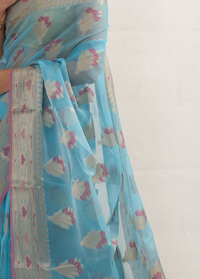 Blue Kora Silk Saree With Blouse Piece - Indian Silk House Agencies