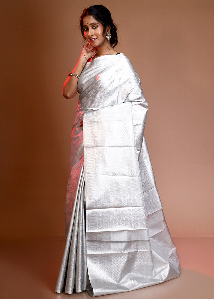 Silver Kanjivaram Silk Saree With Blouse Piece - Indian Silk House Agencies