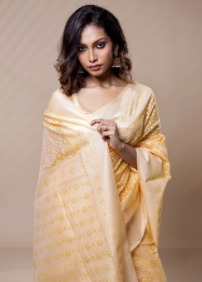 Cream Kora Silk Saree Without Blouse Piece - Indian Silk House Agencies