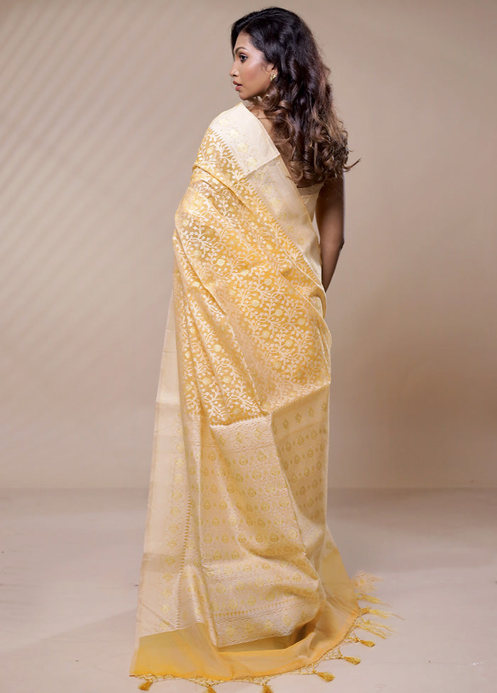 Cream Kora Silk Saree Without Blouse Piece - Indian Silk House Agencies