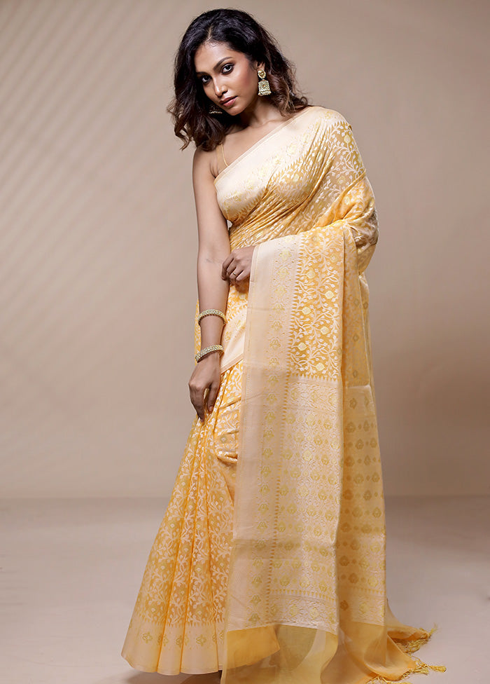 Cream Kora Silk Saree Without Blouse Piece - Indian Silk House Agencies