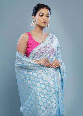 Blue Kora Silk Saree With Blouse Piece - Indian Silk House Agencies