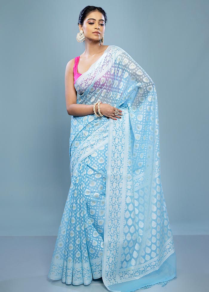 Blue Kora Silk Saree With Blouse Piece - Indian Silk House Agencies