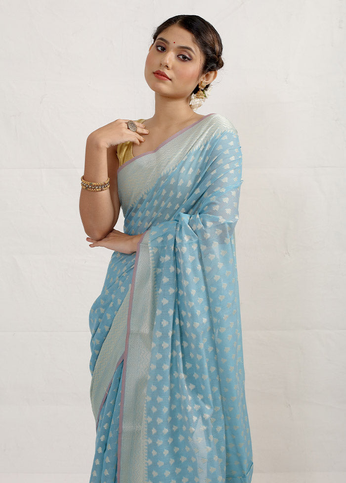 Blue Kora Silk Saree With Blouse Piece - Indian Silk House Agencies