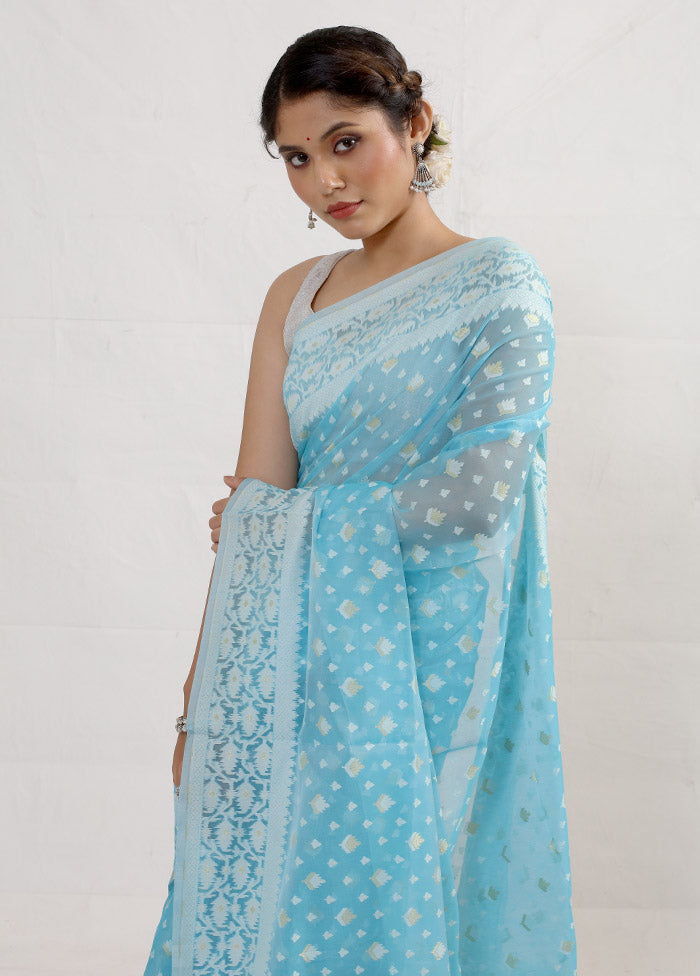 Blue Kora Silk Saree With Blouse Piece - Indian Silk House Agencies