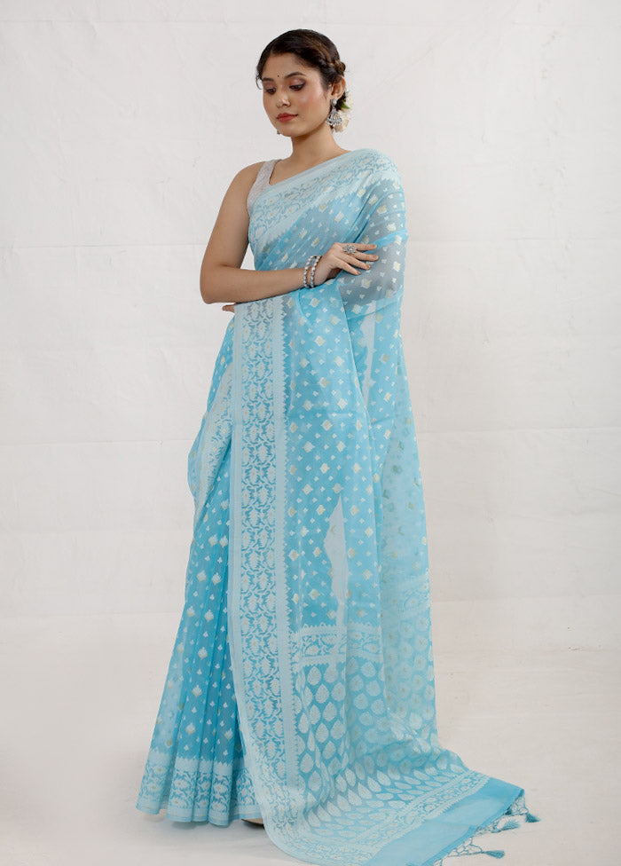 Blue Kora Silk Saree With Blouse Piece - Indian Silk House Agencies