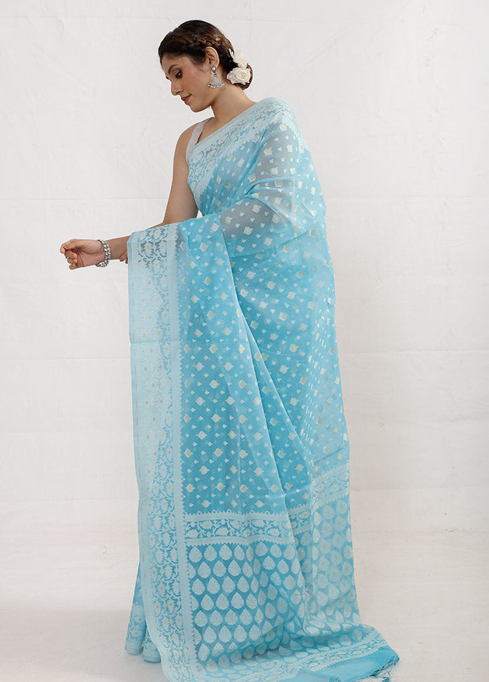 Blue Kora Silk Saree With Blouse Piece - Indian Silk House Agencies